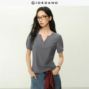 Giordano Women Notch neck pleated short sleeve tee Free Shipping 18326517