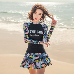 2Pcs/set Women Fashion Skirt Swimsuits Women Swimwear Long Sleeves Plus Size Zip Swimming Culottes Suit for Women㏇0702