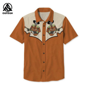 【Oufisun】Mens Shirts Hawaiian Shirt Retro Cowboy Song Print Shirts Oversize Short-Sleeved Tops Mens Casual Shirt 5 Color Mens Blouse Half Sleeve Casual top