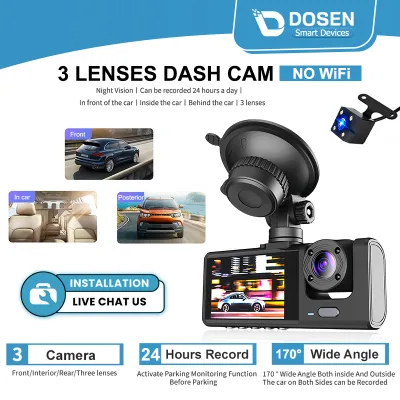 DOSEN 行车记录仪 Wifi 24 Hours Record 1080P FHD 3 Camera Dashcam for Car Front + Interior + Back / Rear Dash Cam Night Vision Parking Mode Car DVR Driving video Recorder 行车记录器