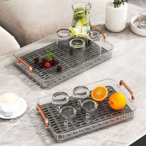VJ5YE Double-layer Drain Tea Tray Large Capacity Clear Tableware Storage Tray Multifunctional Detachable Cutlery Holder Counter Organizer