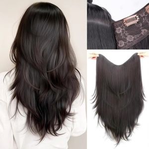 NEEUJ ซินเธติก วิกผมตรงเล็กน้อยที่ยกขึ้น หลายชั้นสูง คลิป 4 อัน คลิปออนต่อผม ทนความร้อน ไร้รอยต่อ วิกผมยาวรูปตัว V สำหรับผู้หญิง