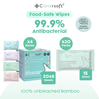 [Mixed Wipes Bundle] Cloversoft Plant-Based Unbleached Bamboo 99.9% Antibacterial Organic Wet Wipes 8/15/40/100 Sheets