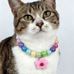 CRUSHES Flower Pendant Beaded Cat Necklace Elastic Adjustable Cat Pet Neck Chain Universal Pet Jewelry Dog Cat Pet Collar Pet Costume Accessories
