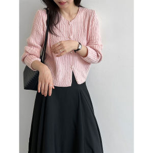 Women Short High Waist Knit Cardigan 2026 Autumn Pearl Button Sweater Outerwear Casual Fashion Knit Coat