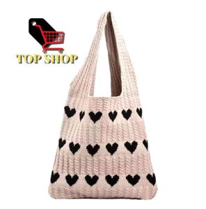 TOP SHOP Love Heart Bag with Red and Black Heart Patterns Knitted Design Shoulder Strap Casual Use Indoor and Outdoor Scenes.