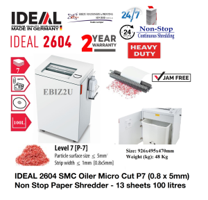 IDEAL 2604 SMC Oiler Micro Cut P7 (0.8 x 5mm) Non Stop Paper Shredder - 13 sheets 100 litres (non stop Micro Cut Mesin Penghancur Kertas)