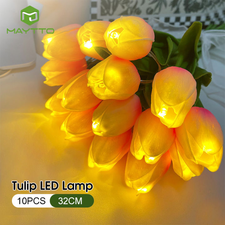 MAYTTO Tulip Lamp 10Pcs Tulips Artificial Flowers With LED Light, Real