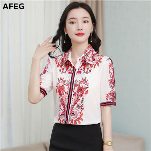 AFEG Korean style womens short-sleeved lapel printed temperament blouse for women