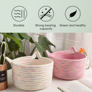 Hand Woven Cotton Rope Storage Basket With Cat Ear Shaped Handles Lovely And Practical Home Supplies Keys