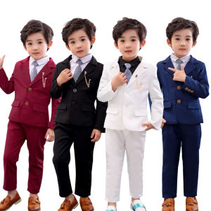 LOlanta 2Pcs Boys Formal Set Jacket Coat + Pants Set Kids Formal Suit Long Sleeve Blue Red White Coat Children Birthday Party Competition Speech Wedding Clothing
