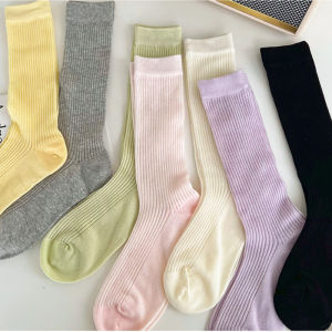 🤍beauty shoes🤍ถุงเท้าผู้หญิง ถุงเท้าสีเทาสไตล์บัลเล่ต์ ถุงเท้ากลางน่องของผู้หญิง ถุงเท้าขนผ้าฝ้ายลายฤดูใบไม้ผลิและฤดูร้อนบางเฉียบพร้อมรองเท้าหนังขนาดเล็ก