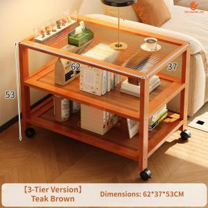 SG Stock Glass Top Bamboo End Table 3-Tier Mobile Storage Cart Bamboo Storage Cart with Wheels