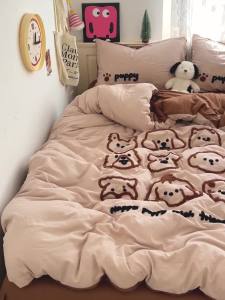 ins Cute Cartoon Towel Embroidered Four-piece Set Soft Washed Cotton Bed Sheet Bed Sheet Quilt Cover 4 Dormitory Single Three-Piece Set LZD