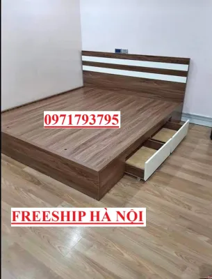 Giường ngủ gỗ công nghiệp MDF kèm chỉ trắng và 2 ngăn kéo