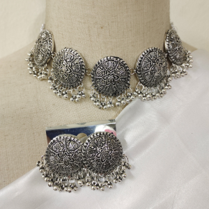 WOMEN SILVER HIGH NECK CHOKER NECKLACE SET WITH EARRING