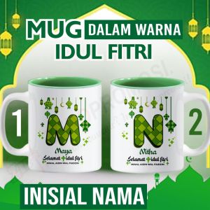 Mug warna dalam hijau Idul Fitri Inisial Nama - kado lebaran