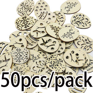 (50pcs/pack) 37*28mm Easter Wooden Easter Egg Handmade Hollow Wood Chips Pendant Holiday Party Home Decoration DIY Creativity
