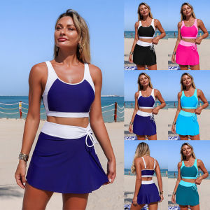 Womens 2 Piece Block Color Tankini Swimsuits Tummy Control Swim Dress with High Waisted Bikini Swim Dress with Pocket