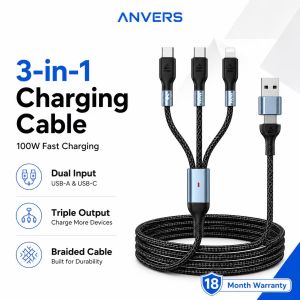 Anvers 3 IN 1 Fast Charging Data Cable USB-C to M+L+C 1m Black A4