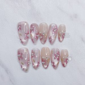 【5in1 Toolkit+HANDMADE】Artificial Nail Pink Pearl Sakura Cats Eye Almond Phototpy Fake Nail Patch Press on Nails Reusable