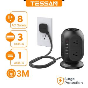 TESSAN Surge Protector Extension Cord Tower Power Strip Smart USB Flat Plug Charging Station Overload Protector With 8 Outlets and 4 USB Ports