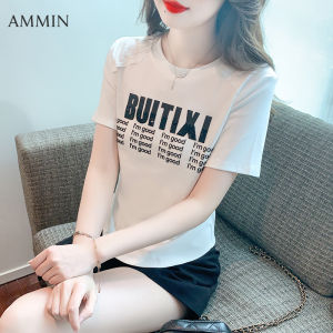 Ammin Áo thun cotton thường ngày ngắn tay in họa tiết chữ thời trang vòng cổ đơn giản mùa hè mới phiên bản Hàn Quốc nữ thoải mái thon và áo blouse thanh lịch