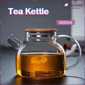 Suomi 1L Heat Resistant With Wooden Cover Tea Pour Kettle Hot Coffee Tea Milk