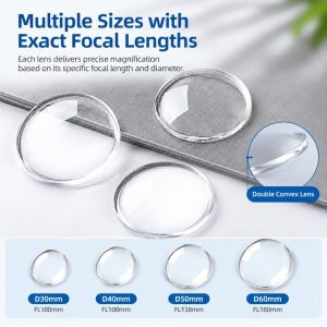 MIRELAE 5PCS Transparent Acrylic PMMA Double Convex Lens Diameter 30 40 50 60 MM PMMA plastic Focal Length 100 MM Magnifying High Quality Optical Lens