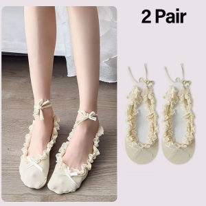 2 Pairs Wave Edge Short Socks Lace Ballet Tie Socks Women Boat Sock Anti slip Bow Ankle Sock Girls Japanese Ballet Shoes Socks
