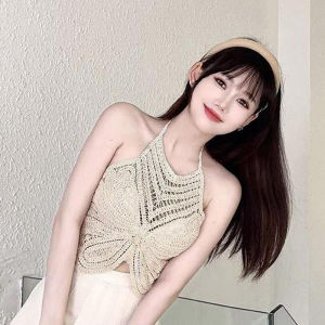 shiqinbaihuo Summer Bohemia Hollow Embroidered Halterneck Backless Sleeveless Knitted Camisole For Women