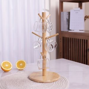 Bamboo Mug Tree Rack Stand With 6 Hooks Holds and Dries Large Coffee Mugs And Cups Sundries Storage