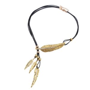 MEEU Rhinestone Golden Feather Necklace Alloy Silver Leather Rope Tassel Necklace Personality Collar Chain Leaves Neck Pendant Men