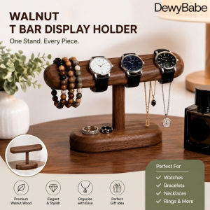 DewyBabe Wood Watch Holder Walnut T Bar Display Stand Bracelet Necklace Jewelry Storage Rack Organizer