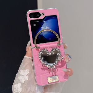 Cute Love Heart Mirror Crocodile Pattern Case for Samsung Galaxy Z Flip 7 6 5 4 3 8 flip7 Ring Holder Bracket Leather Cover