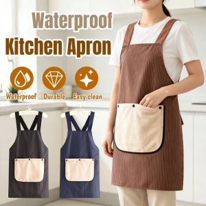 Waterproof Kitchen Apron Stripe Cotton Polyester Chef Barista Work Apron With Hand Towel Pocket