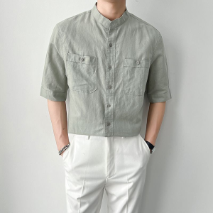 Summer Korean Slim Fit Stand Collar Short Sleeve Shirt for Men - Trendy Cotton Blend Casual Top