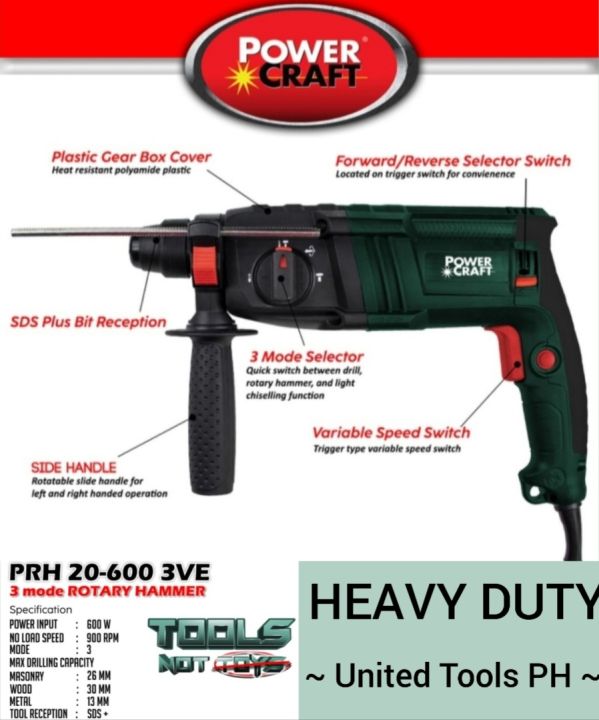 POWERCRAFT Electric Rotary Hammer Drill 3 Mode functions 20mm cap. 600 watts DRILL ROTARY DRILLING LIGHT CHIPPING HEAVY DUTY Lazada PH