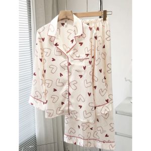 HT702 Bộ Pijama ngủ lụa hotgirl hoạ tiết trái tim sang chảnhSet đồ lụa dài tay tiểu thư hithot HT702