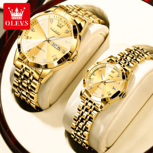 OLEVS 2024 ใหม่แบรนด์ของแท้นาฬิกาคู่กันน้ำหรูหราแฟชั่นลำลองเพชรทองปฏิทินผู้ชายและผู้หญิงนาฬิกาควอทซ์คู่ของนาฬิกาสแตนเลสเรืองแสงของขวัญ