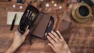 Genuine Leather Fountain Pen Holder Case with Divider Large Capacity Pencil Pouch Pen Bag for 10 Pens for Students Stationery2026