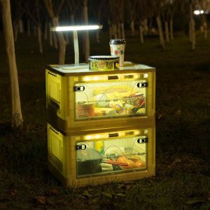 45L Outdoor Foldable Storage Box Stackable Camping Storage Box with LED Lighting Wooden Cover Can Use As Picnic Table