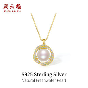 ZHOU LIU FU 周六福 S925 Sterling Silver Flower Necklace 9-9.5mm Freshwater Pearl Pendant 18K Gold Plated Cubic Zirconia Necklace for Women 40+5CM Necklace X0611216