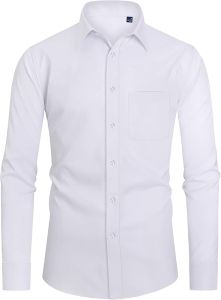 ดีมีนอร์ เสื้อเชิ้ตผู้ชายทรงเข้ารูป แขนยาว ปุ่มลง เสื้อเชิ้ตยืด ไม่ยับ เสื้อทางการสำหรับงานแต่งงาน มีกระเป๋า