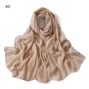 Jifang Luxury Flower Wheat Ear Embroidery Plain Bubble Chiffon Shawl Pashmina Slum Bacu Curve Brim Muslim Hijabs Head Scarf YZ45