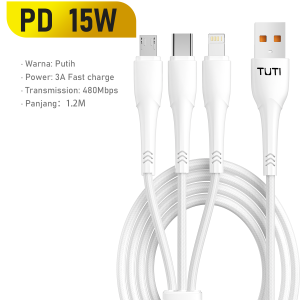 TUTI Kabel Data 3 in 1 Type C Micro USB Lighting Fast Charging Data Cable Original Garansi 1 Tahun