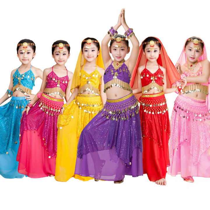 Kids Girls Belly Dance Costume Outfit Indian Performance Clothing  +Accessories