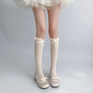 Girls Long Socks Stockings Sweet Bow Knot Ruffles Knee Socks Mesh Fishnet Stockings Hollowed Socks