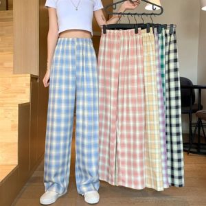 YANGW High Waist Vintage Plaid Women Pants Straight Wide Leg Harajuku Plaid Pants Casual Loose Y2K Checkered Pants Streetwear