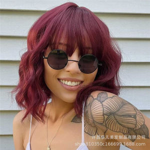 European beautiful woman Internet celebrity short curly hair Synthetic wigs burgundy high temperature wig chemical fiber fluffy headgear